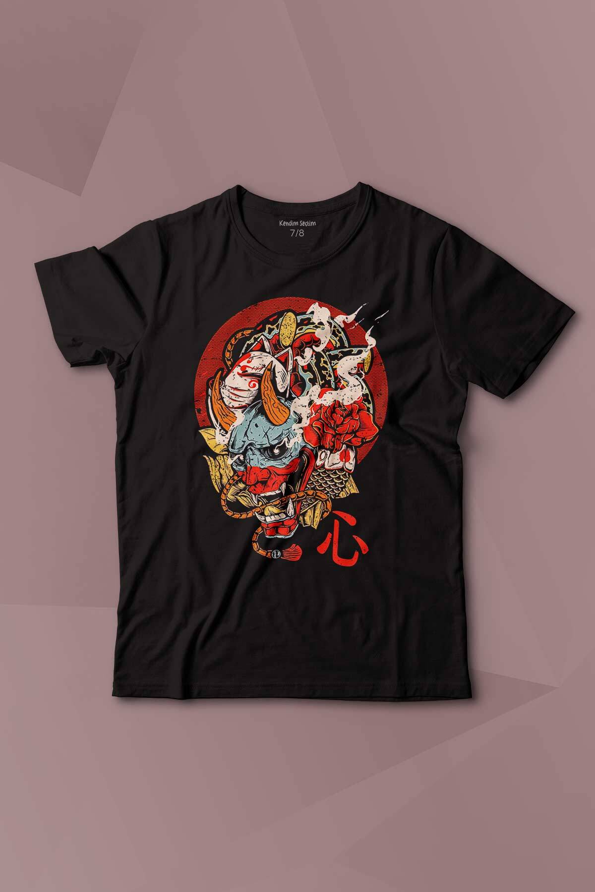 Hannya Maske Oni Japanese Demon Mask Japon Baskılı Çocuk Tişört Kısa Kollu