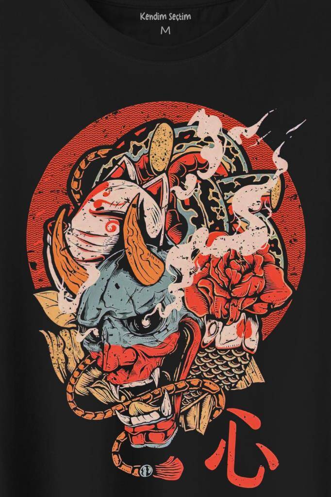 Hannya Maske Oni Japanese Demon Mask Japon Baskılı Tişört Unisex T-Shirt (1)
