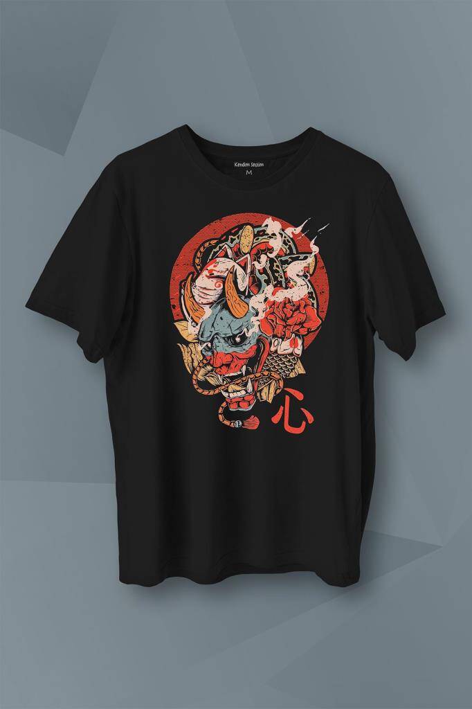 Hannya Maske Oni Japanese Demon Mask Japon Baskılı Tişört Unisex T-Shirt - 1