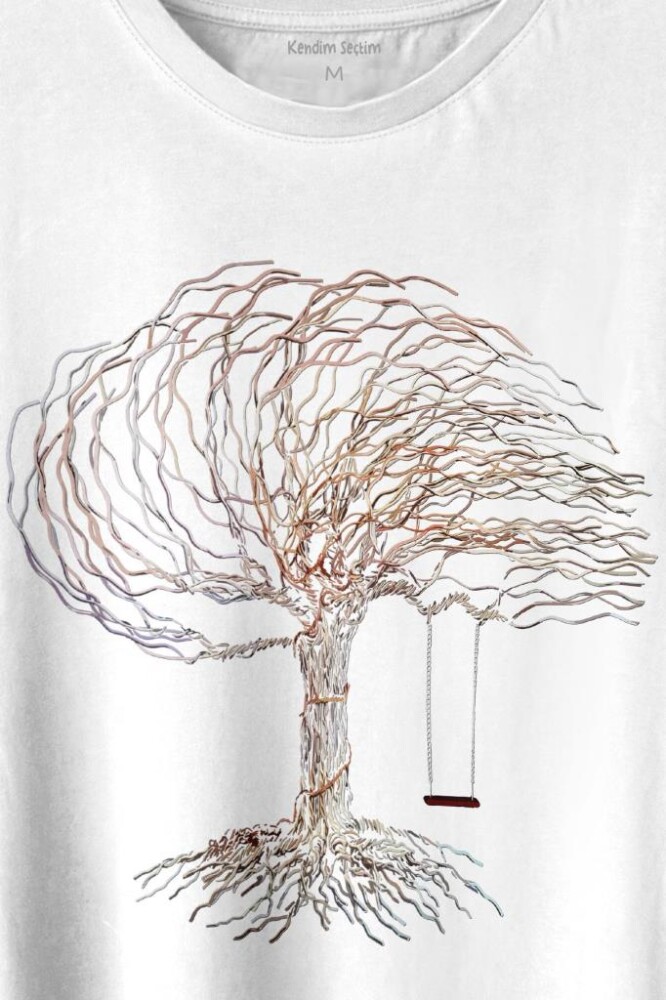 Hayat Ağacındaki Kırmızı Salıncak Kuru Ağaç Baskılı Tişört Unisex T-shirt (1)
