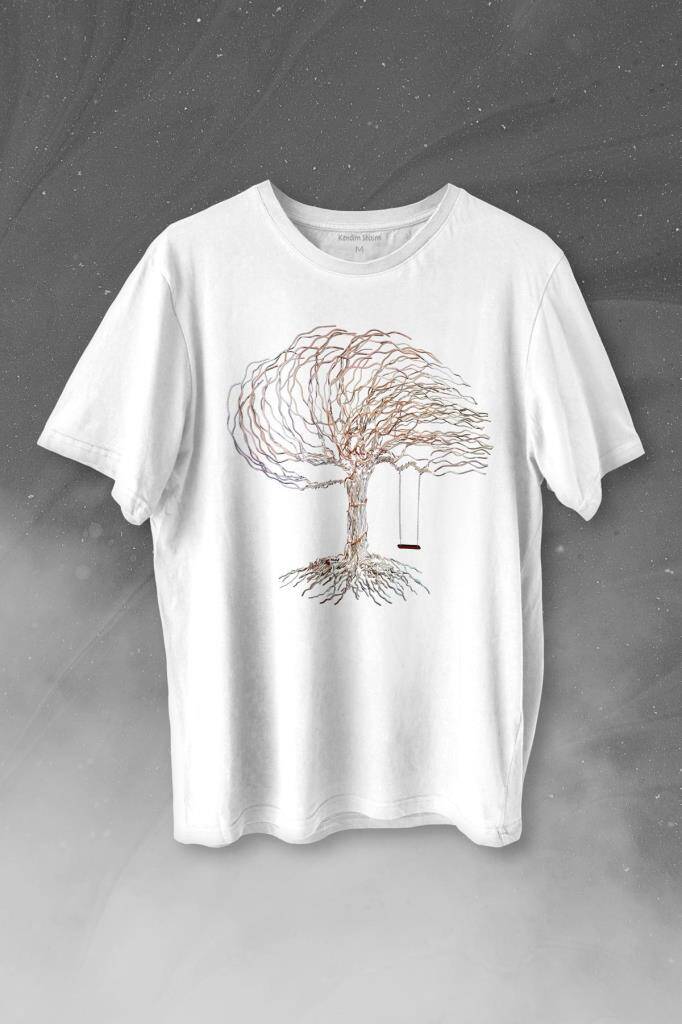 Hayat Ağacındaki Kırmızı Salıncak Kuru Ağaç Baskılı Tişört Unisex T-shirt - 1