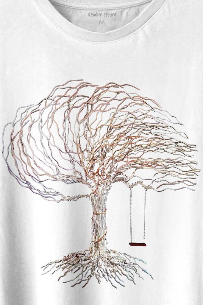 Hayat Ağacındaki Kırmızı Salıncak Kuru Ağaç Baskılı Tişört Unisex T-shirt - 2