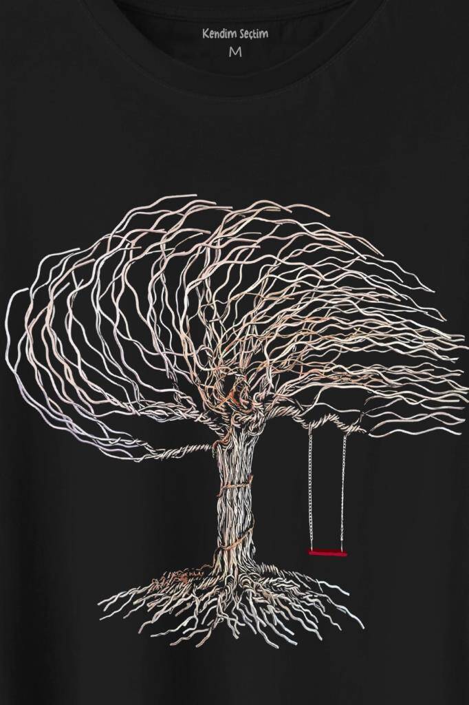 Hayat Ağacındaki Kırmızı SAlincak Kuru Ağaç Baskılı Tişört Unisex T-Shirt - 2