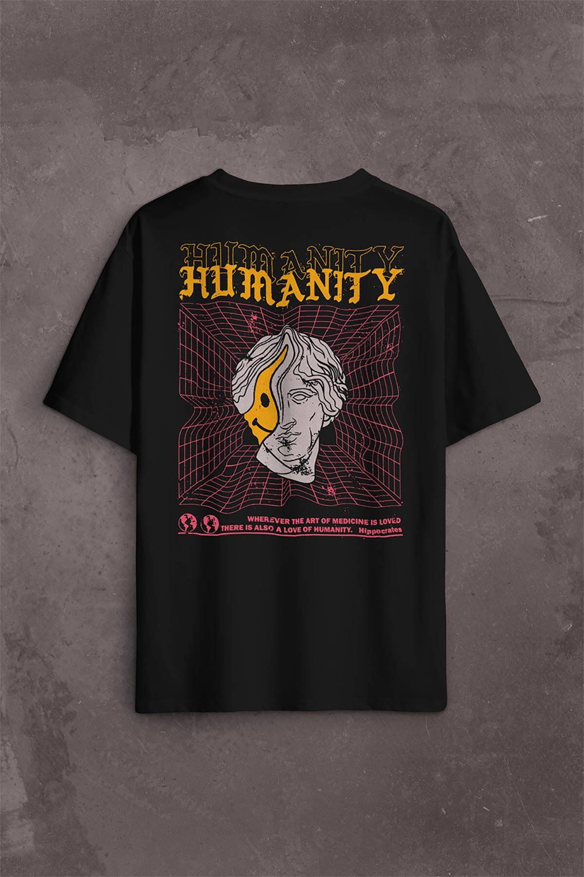 Humanity Smiley Statue Neon Heykel 2K Urban Sırt Ön Baskılı Oversize Tişört Unisex T-Shirt - 1