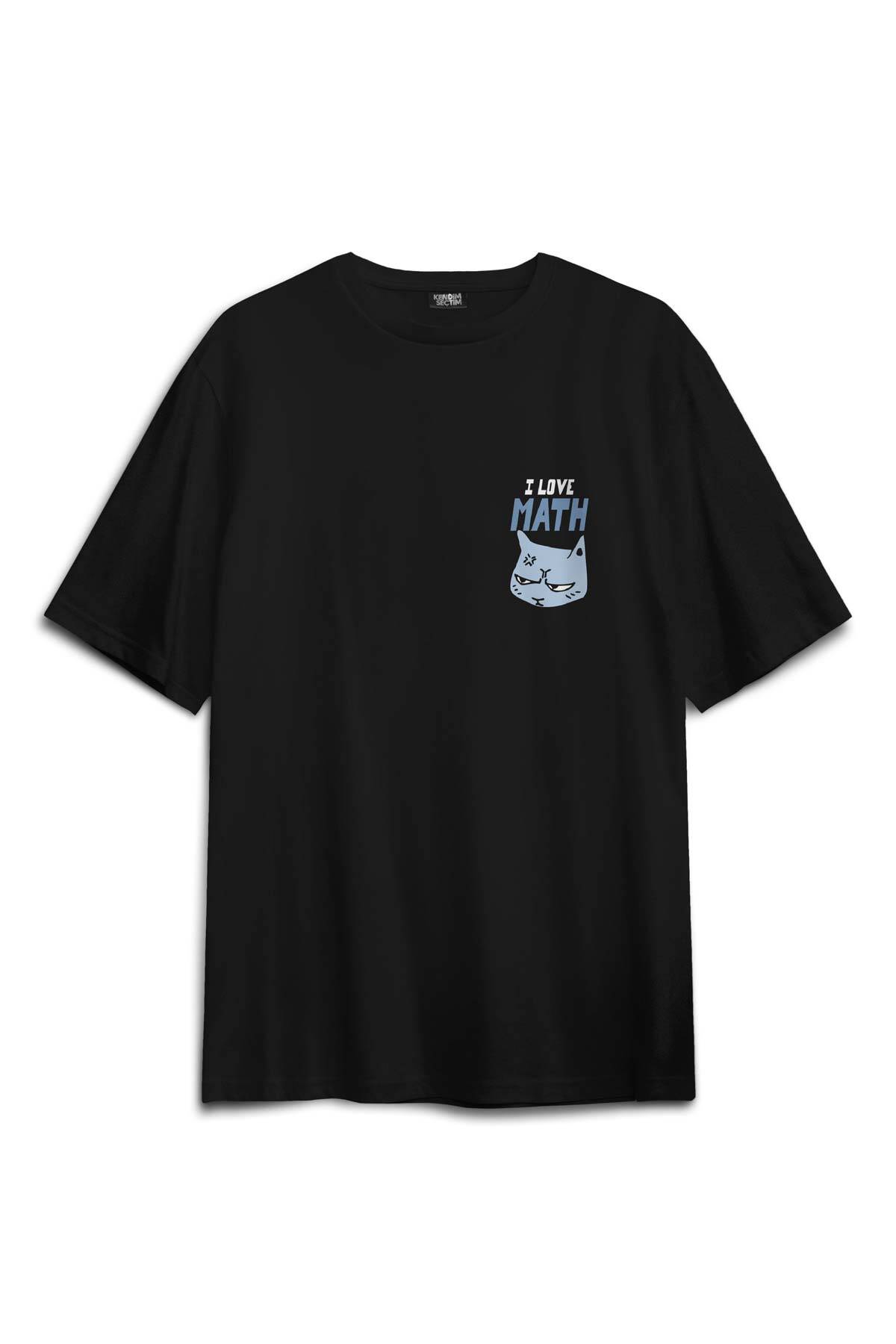 I Love Math Matematik Formül Kedi Baskılı Oversize T-shirt Siyah Unisex Tişört (1)