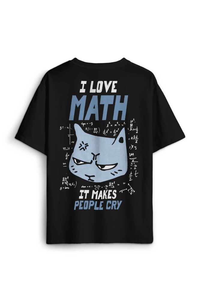 I Love Math Matematik Formül Kedi Baskılı Oversize T-shirt Siyah Unisex Tişört