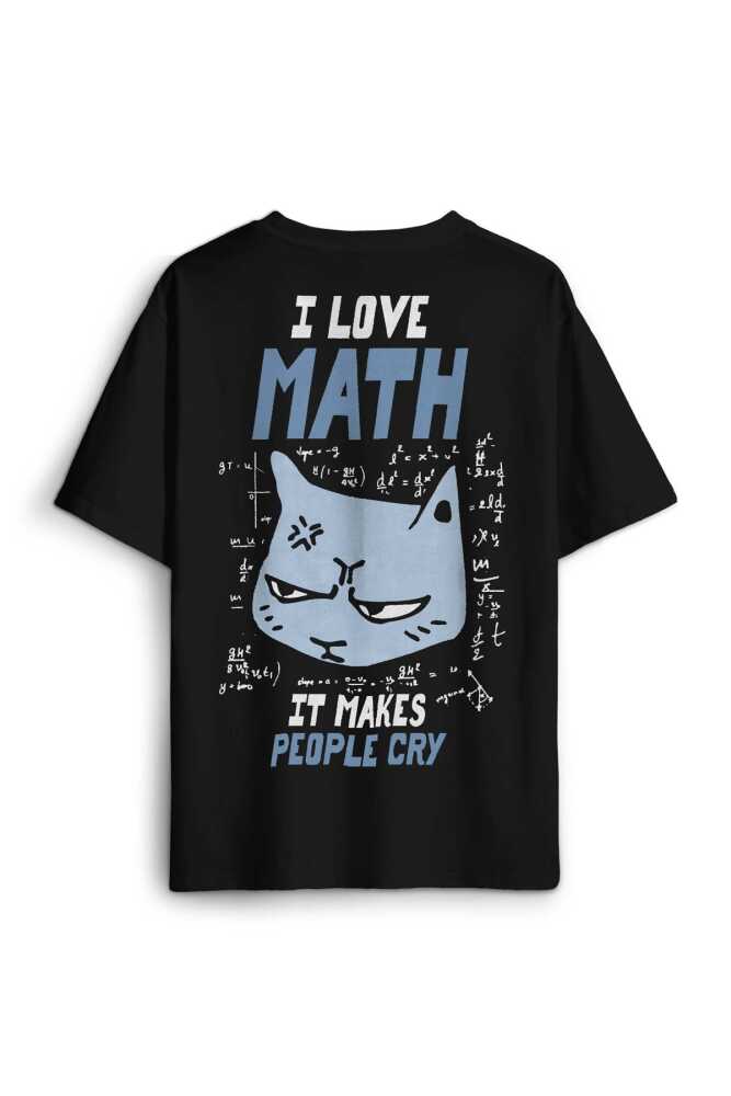 I Love Math Matematik Formül Kedi Baskılı Oversize T-shirt Siyah Unisex Tişört
