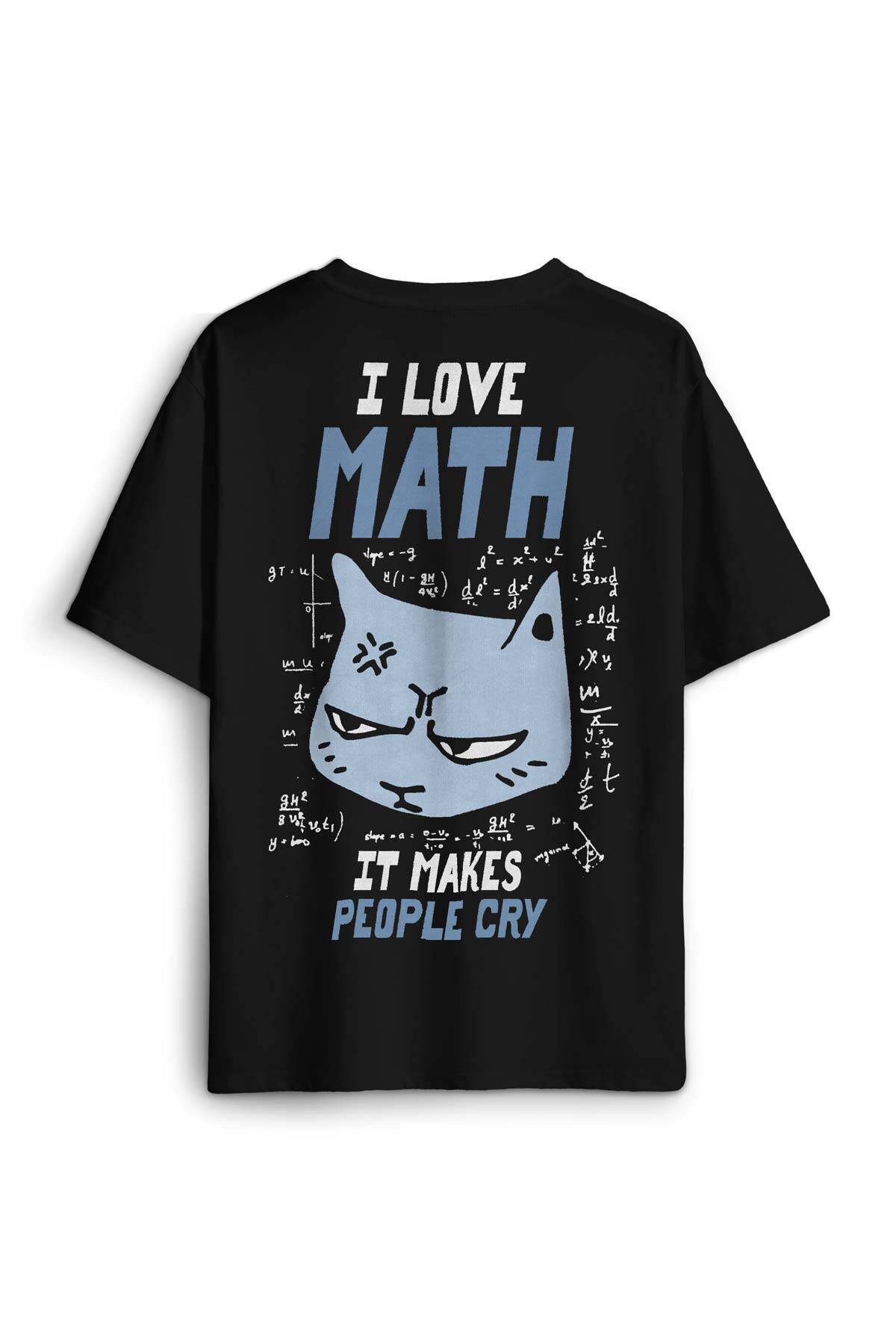 I Love Math Matematik Formül Kedi Baskılı Oversize T-shirt Siyah Unisex Tişört - 1