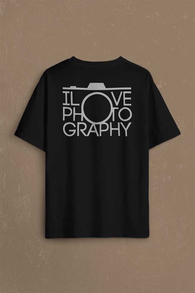 I Love Photography Fotoğrafçı Canon Nikon Sırt Ön Baskılı Oversize Tişört Unisex T-Shirt (1)