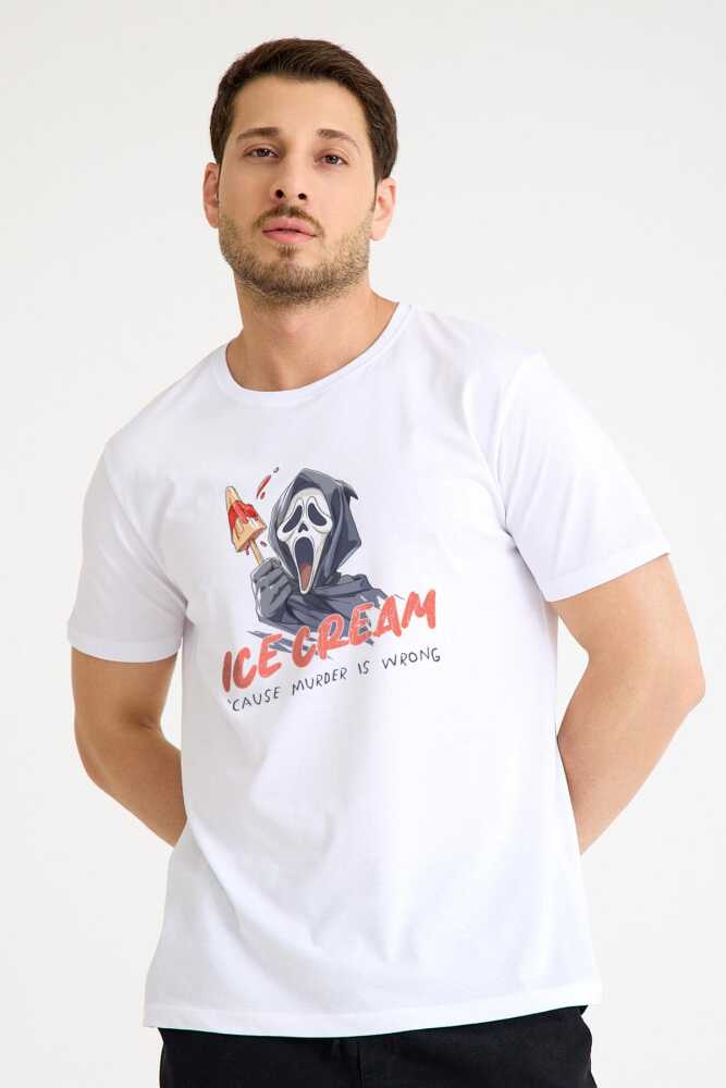 Ice Cream Scream Summer Funny T-shirt Yaz Eğlenceli Dondurma Baskılı Beyaz Tişört - 3