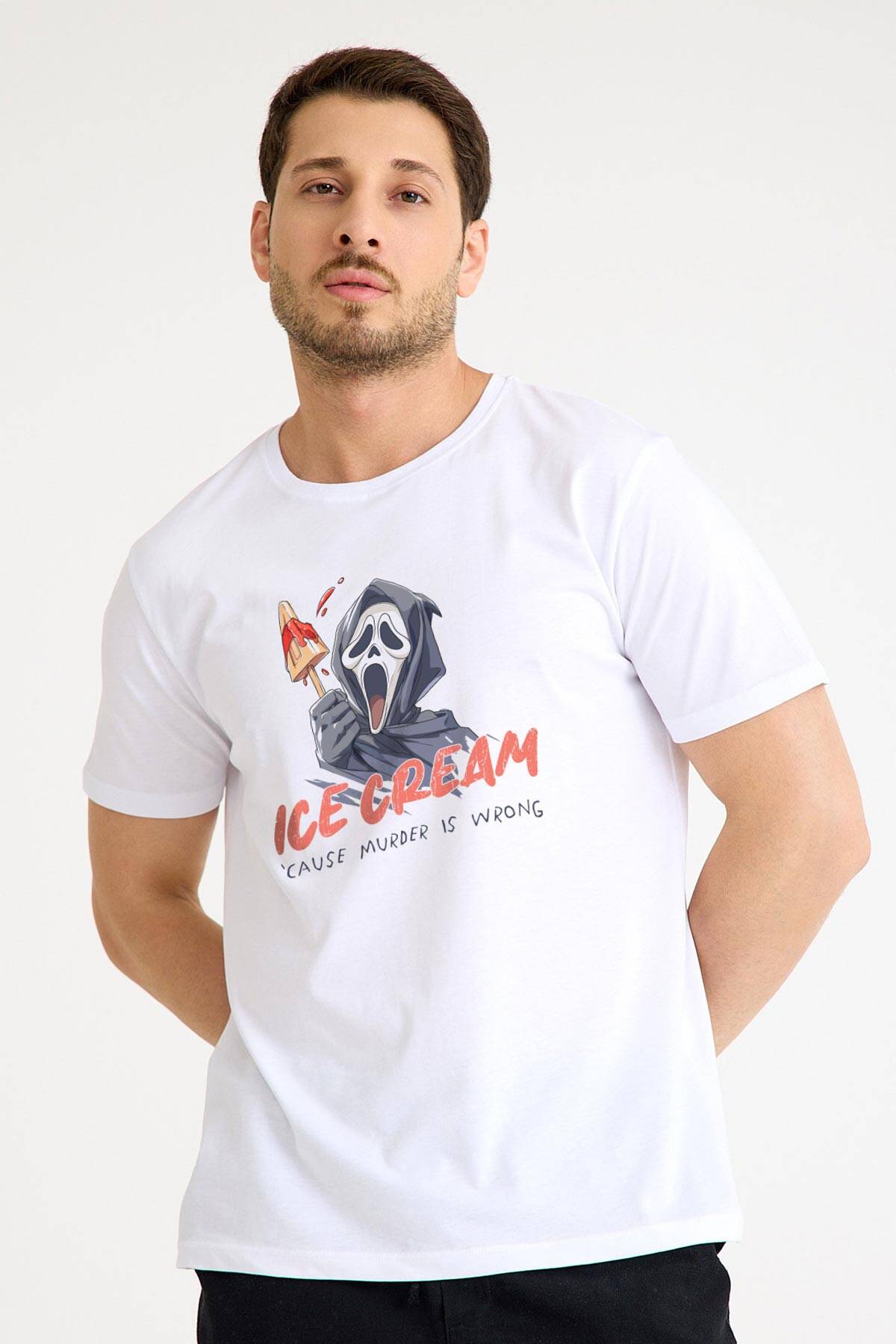 Ice Cream Scream Summer Funny T-shirt Yaz Eğlenceli Dondurma Baskılı Beyaz Tişört - 1