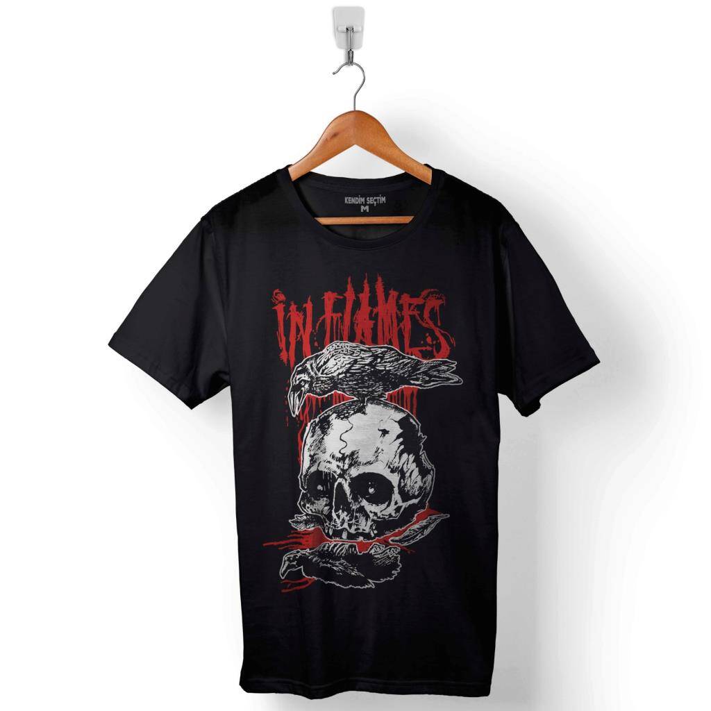 In Flames All For Me Logo Skull Baskılı Tişört Unisex T-Shirt - 1