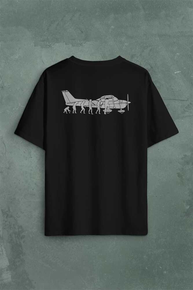 İnsan Maymun Evrim Cessna Uçak Tayyare Sırt Ön Baskılı Oversize Tişört Unisex T-Shirt - 1