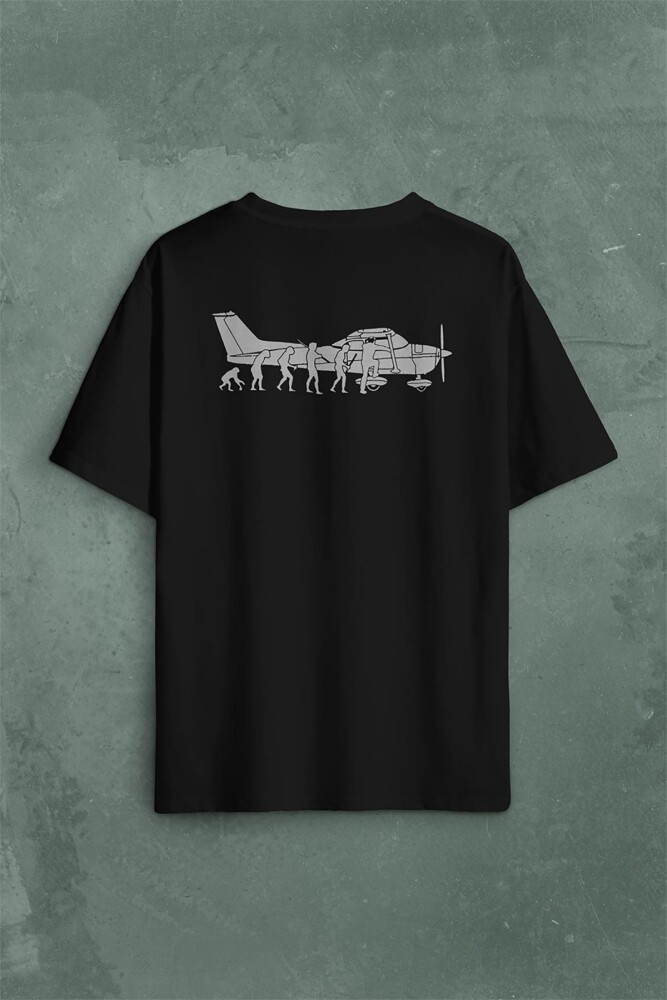 İnsan Maymun Evrim Cessna Uçak Tayyare Sırt Ön Baskılı Oversize Tişört Unisex T-Shirt - 1