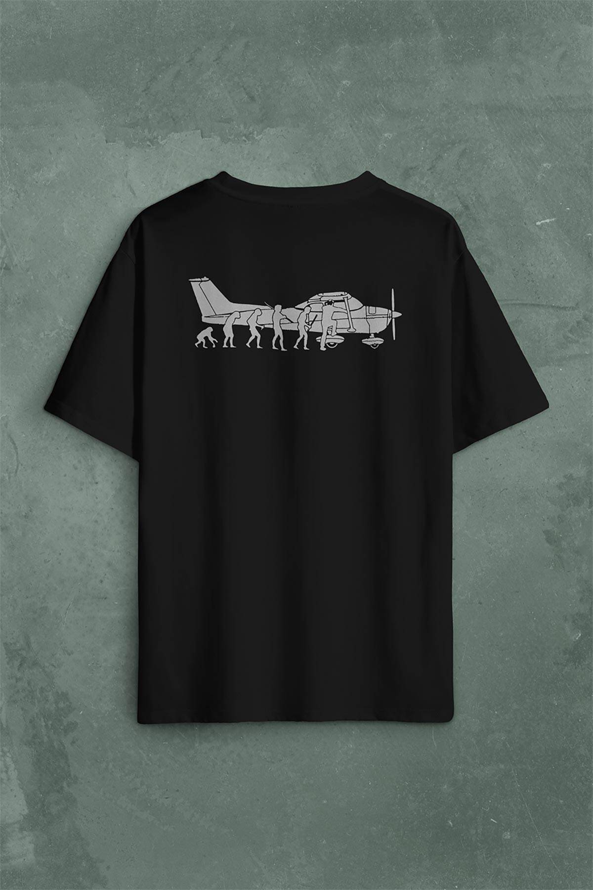 İnsan Maymun Evrim Cessna Uçak Tayyare Sırt Ön Baskılı Oversize Tişört Unisex T-Shirt - 1