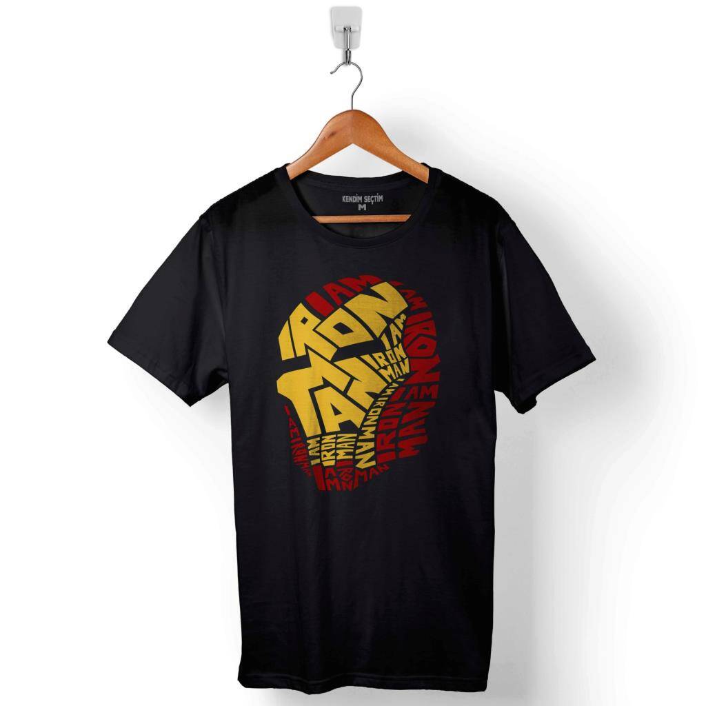 Iron Man Word Art Head Logo Demir Adam Baskılı Tişört Unisex T-Shirt - 1
