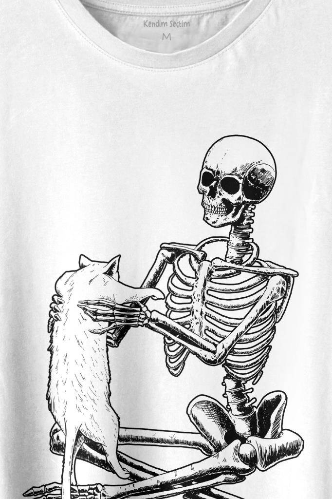 İskelet Ölünceye Kadar Kedi Seveceğim Skeleton Cat Love Baskılı Tişört Unisex T-shirt (1)