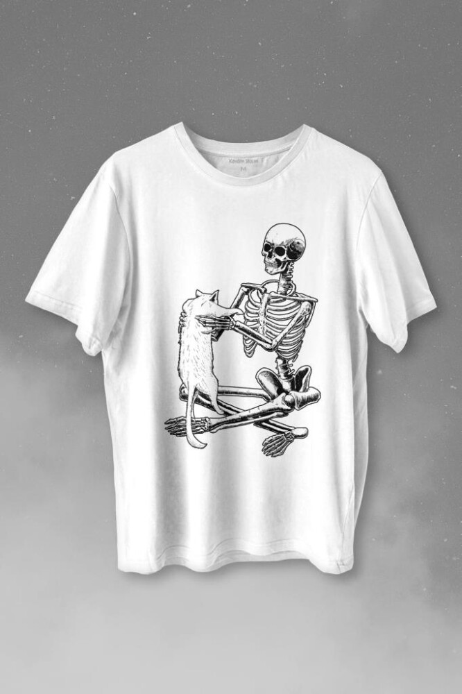 İskelet Ölünceye Kadar Kedi Seveceğim Skeleton Cat Love Baskılı Tişört Unisex T-shirt - KENDİM SEÇTİM