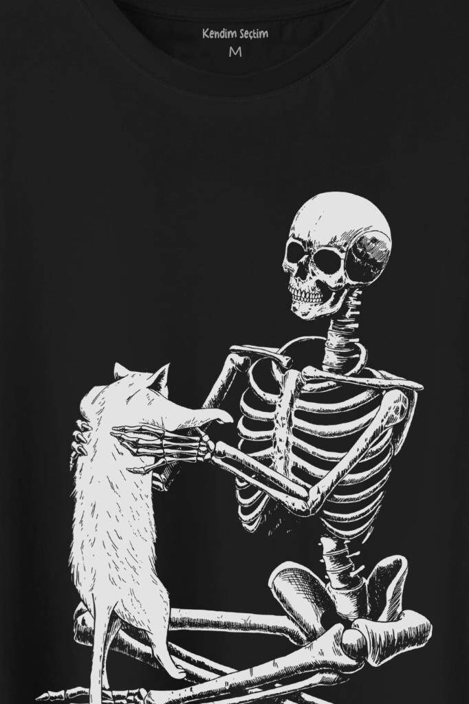 İskelet Ölünceye Kadar Kedi Seveceğim Skeleton Cat Love Baskılı Tişört Unisex T-Shirt (1)