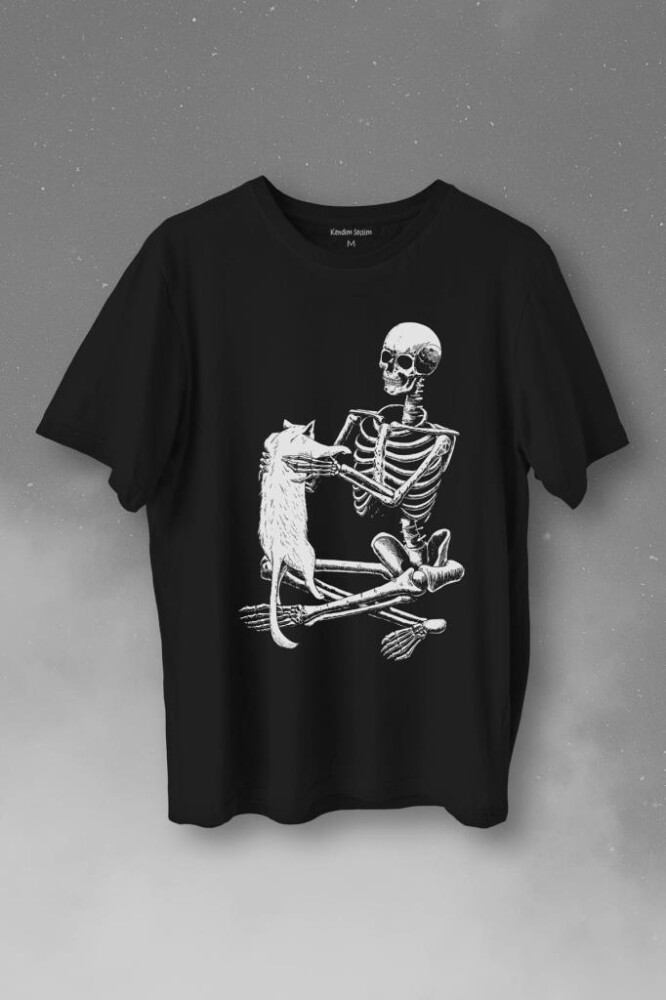 İskelet Ölünceye Kadar Kedi Seveceğim Skeleton Cat Love Baskılı Tişört Unisex T-Shirt - KENDİM SEÇTİM