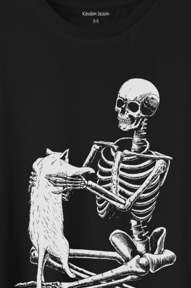 İskelet Ölünceye Kadar Kedi Seveceğim Skeleton Cat Love Baskılı Tişört Unisex T-Shirt - 2