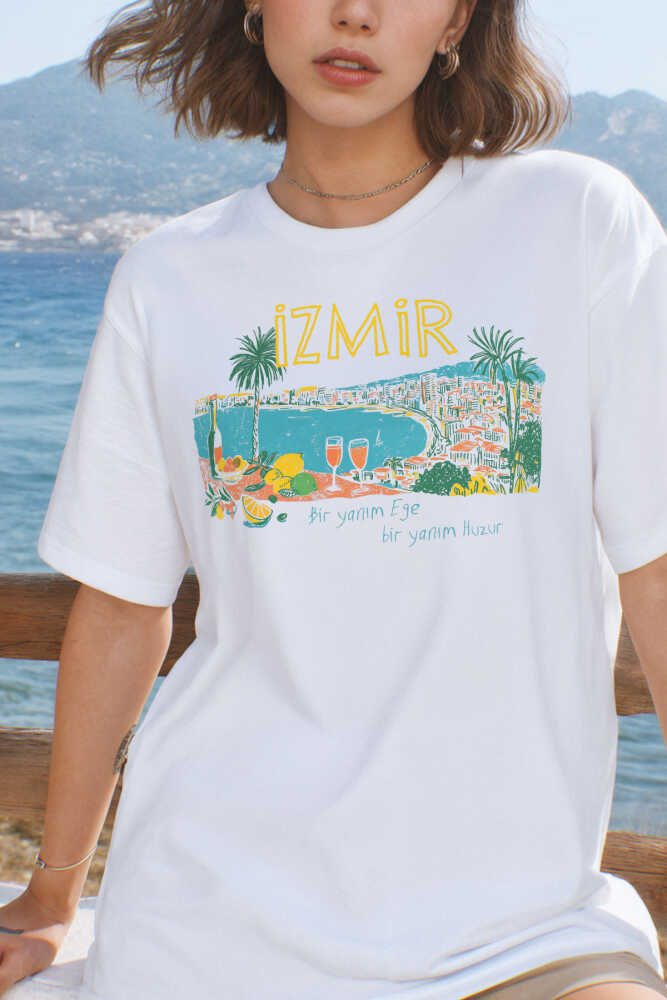 İzmir Tişört Ege Ruhu Limon Zeytin Şehir Baskılı Beyaz T-shirt