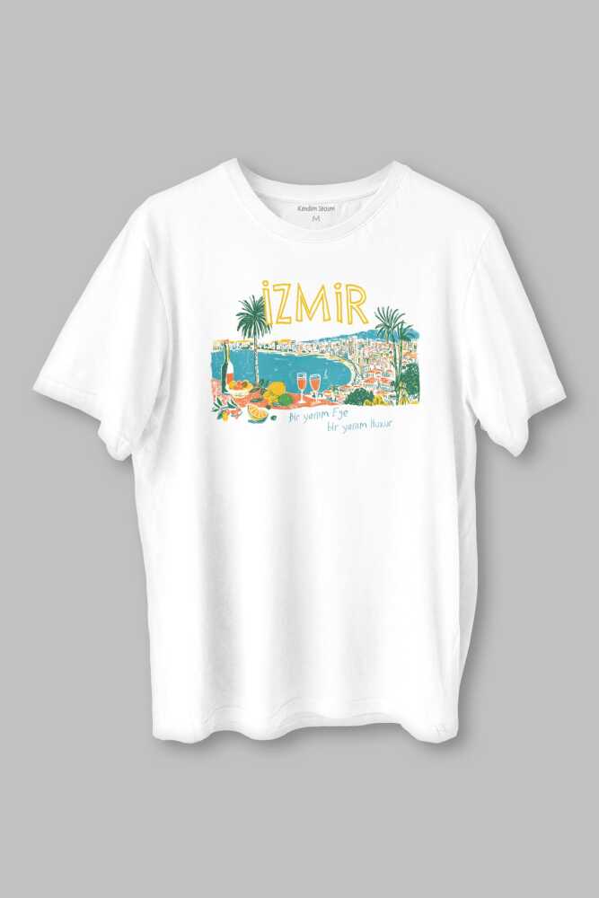 İzmir Tişört Ege Ruhu Limon Zeytin Şehir Baskılı Beyaz T-shirt (1)
