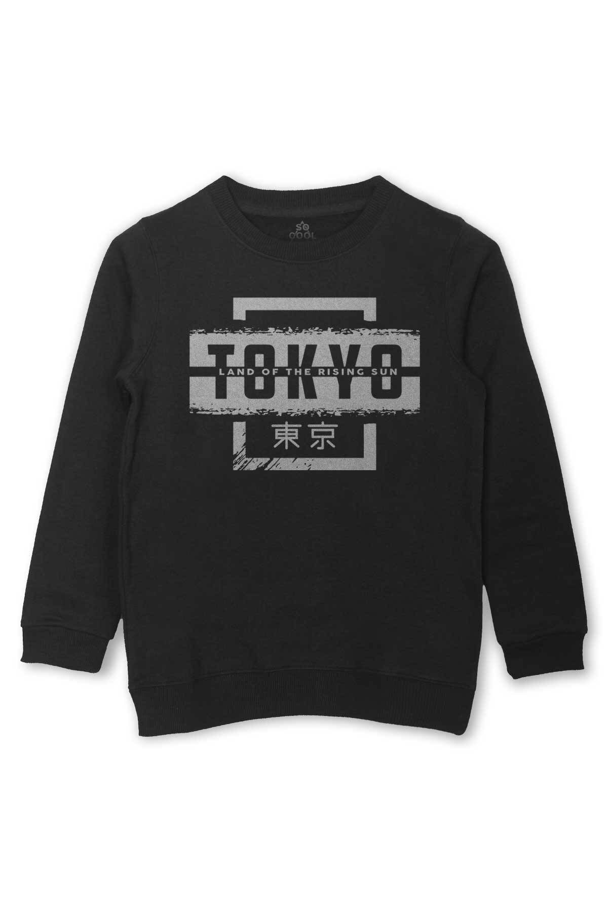 Japonca Tokyo Şehri Japonya Japan Baskılı Çocuk Sweatshirt Siyah Sweat - 1