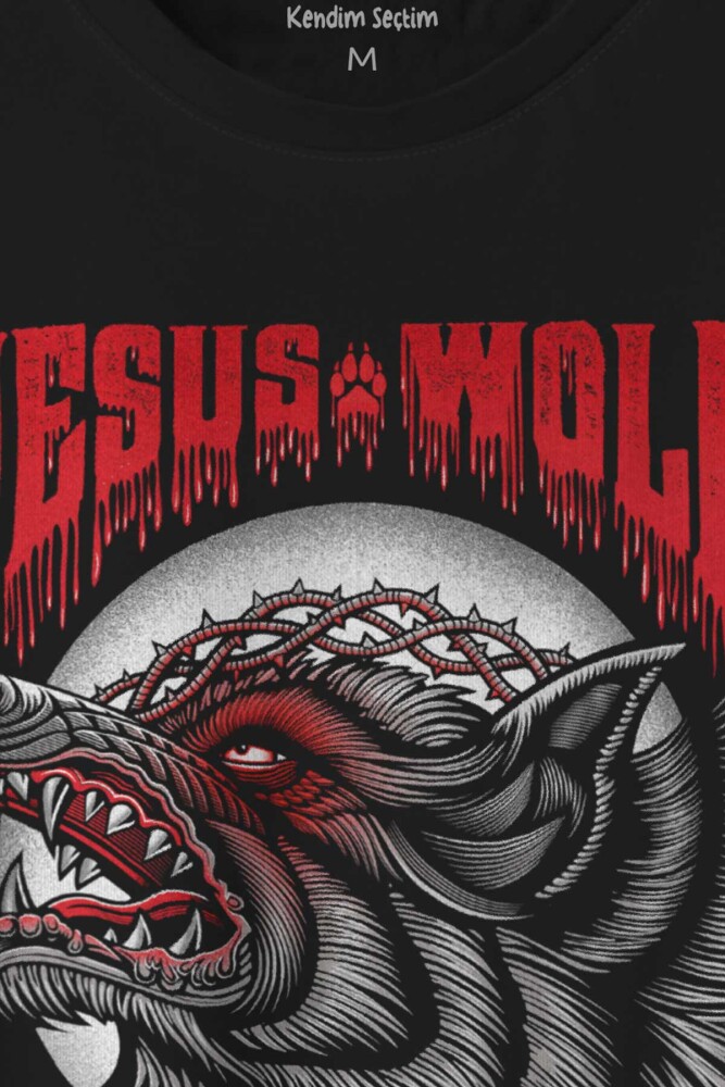 Jesus Wolf Kurt Kafası Kırmızı Baskılı Tişört Unisex T-shirt - 2