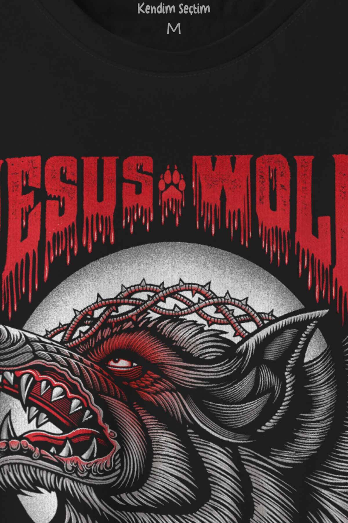 Jesus Wolf Kurt Kafası Kırmızı Baskılı Tişört Unisex T-shirt (1)