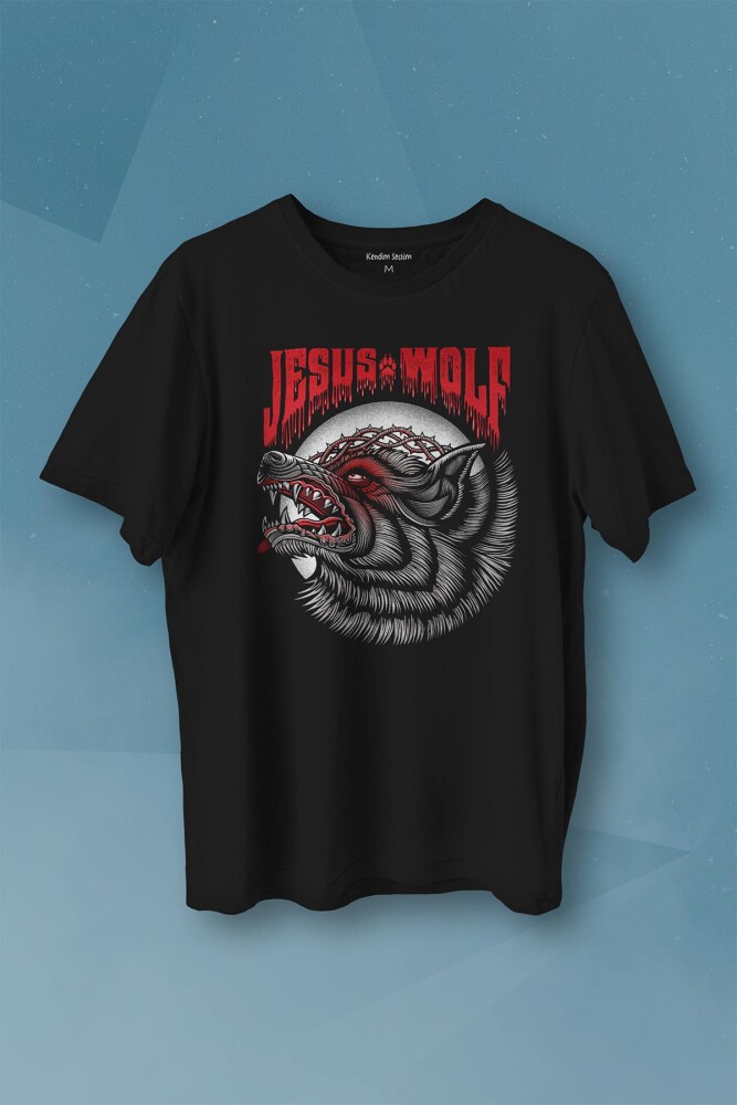 Jesus Wolf Kurt Kafası Kırmızı Baskılı Tişört Unisex T-shirt - 1