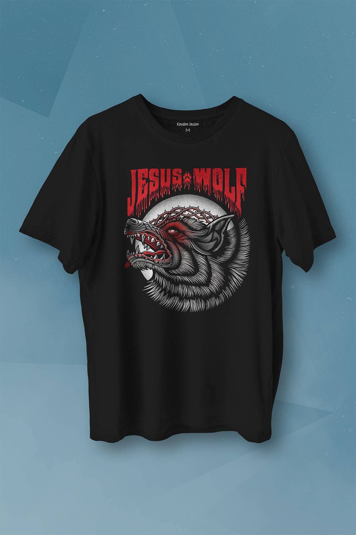 Jesus Wolf Kurt Kafası Kırmızı Baskılı Tişört Unisex T-shirt - 1