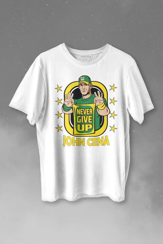 John Cena Wwe Logo Never Give Up Amerikan Güreşi Baskılı Tişört Unisex T-shirt