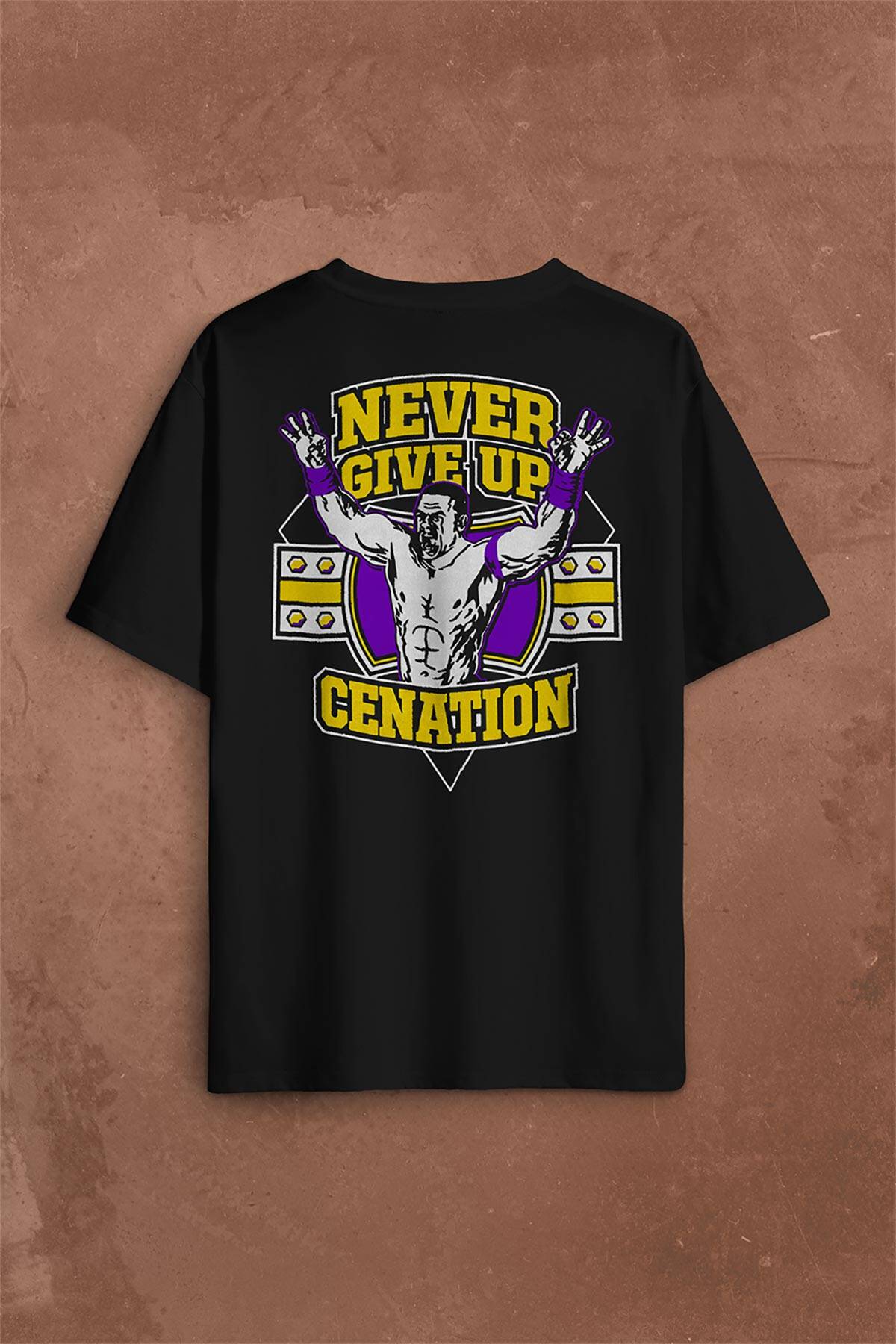 John Cena You Me Never Give Up Cenation Asla Pes Etme Sırt Ön Baskılı Oversize Tişört Unisex T-Shirt OVR12S1387 (1)
