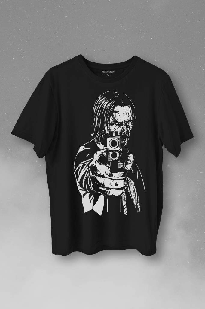 John Wick Keanu Reeves Aktör Dizi Film Matrix Silah Baskılı Tişört Unisex T-Shirt - 1