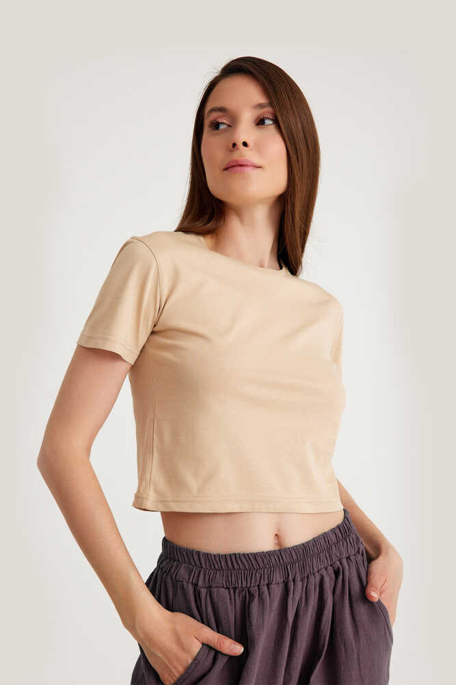 Kadın Bej Bisiklet Yaka Crop Tshirt Baby Tee - 1