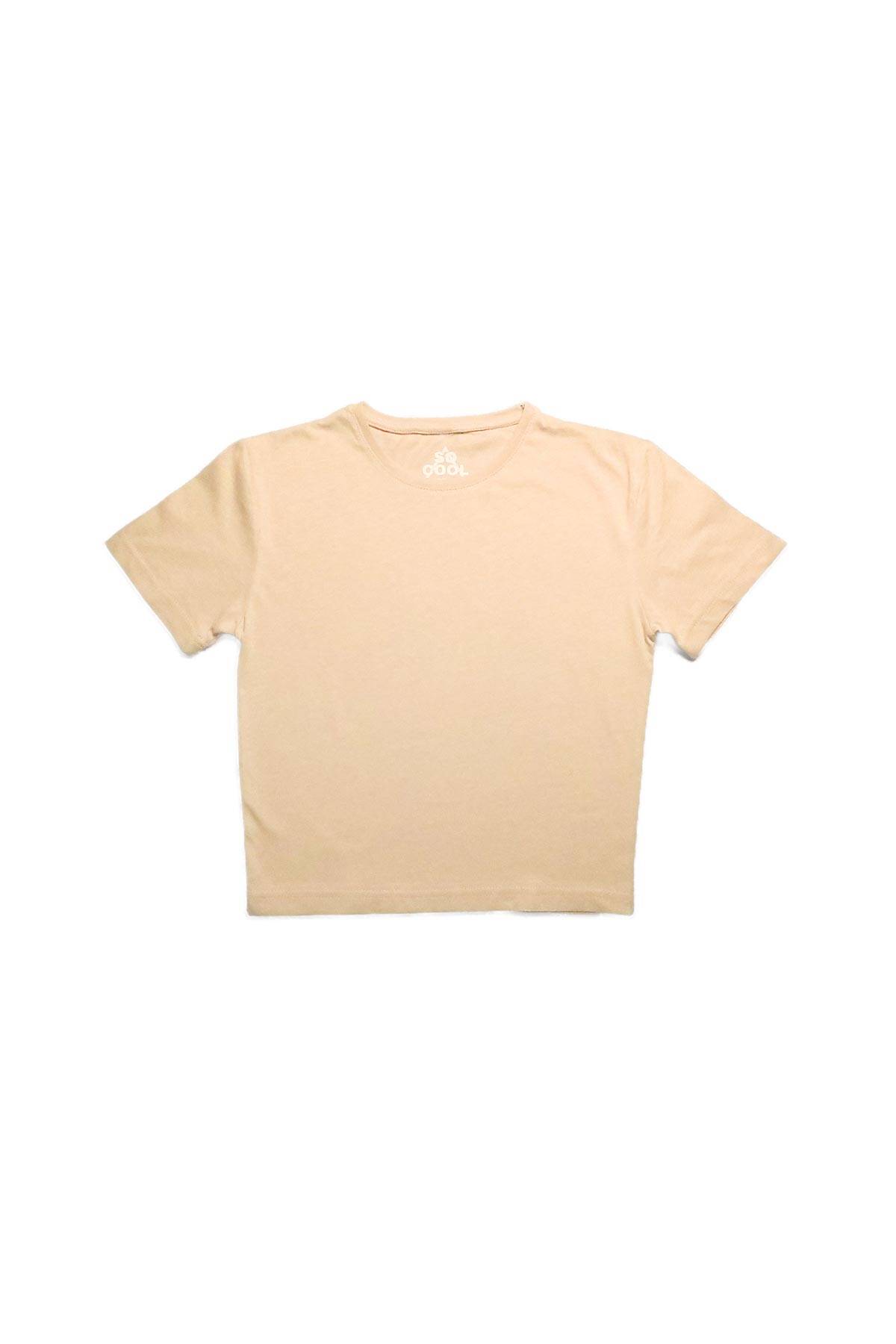 Kadın Bej Bisiklet Yaka Crop Tshirt Baby Tee - 3