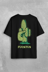 Kaktüs Orta Parmak Fucktus Sırt Ön Baskılı Oversize Tişört Unisex T-Shirt - Thumbnail