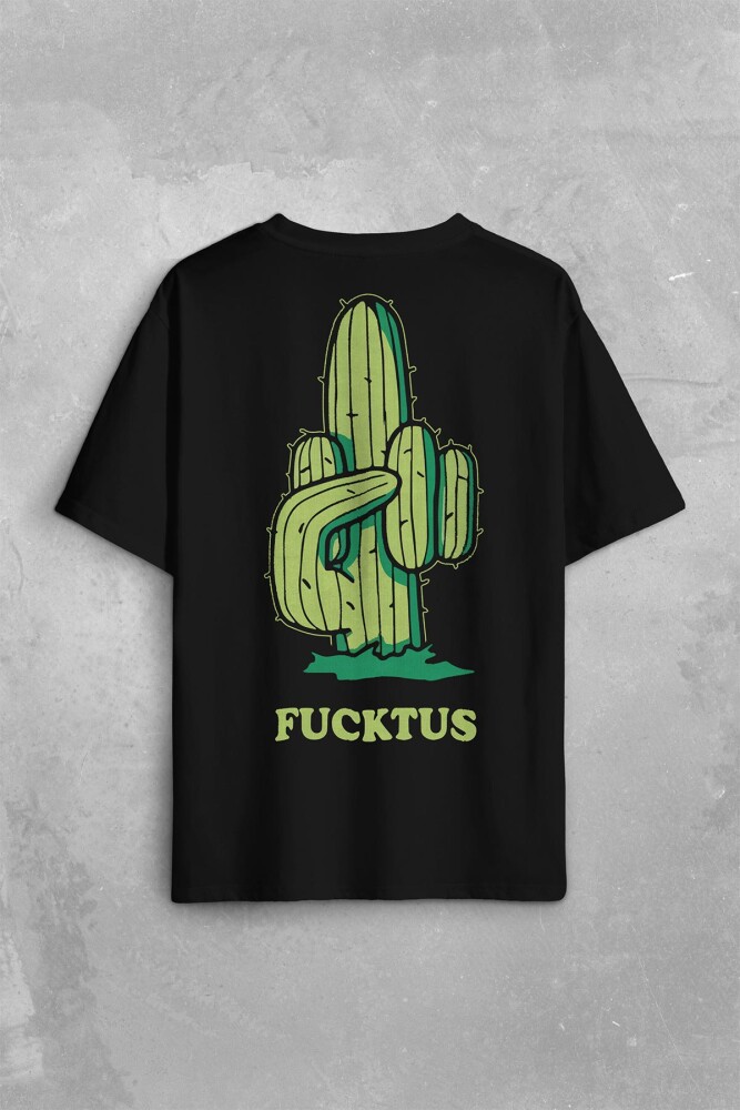Kaktüs Orta Parmak Fucktus Sırt Ön Baskılı Oversize Tişört Unisex T-Shirt - 1