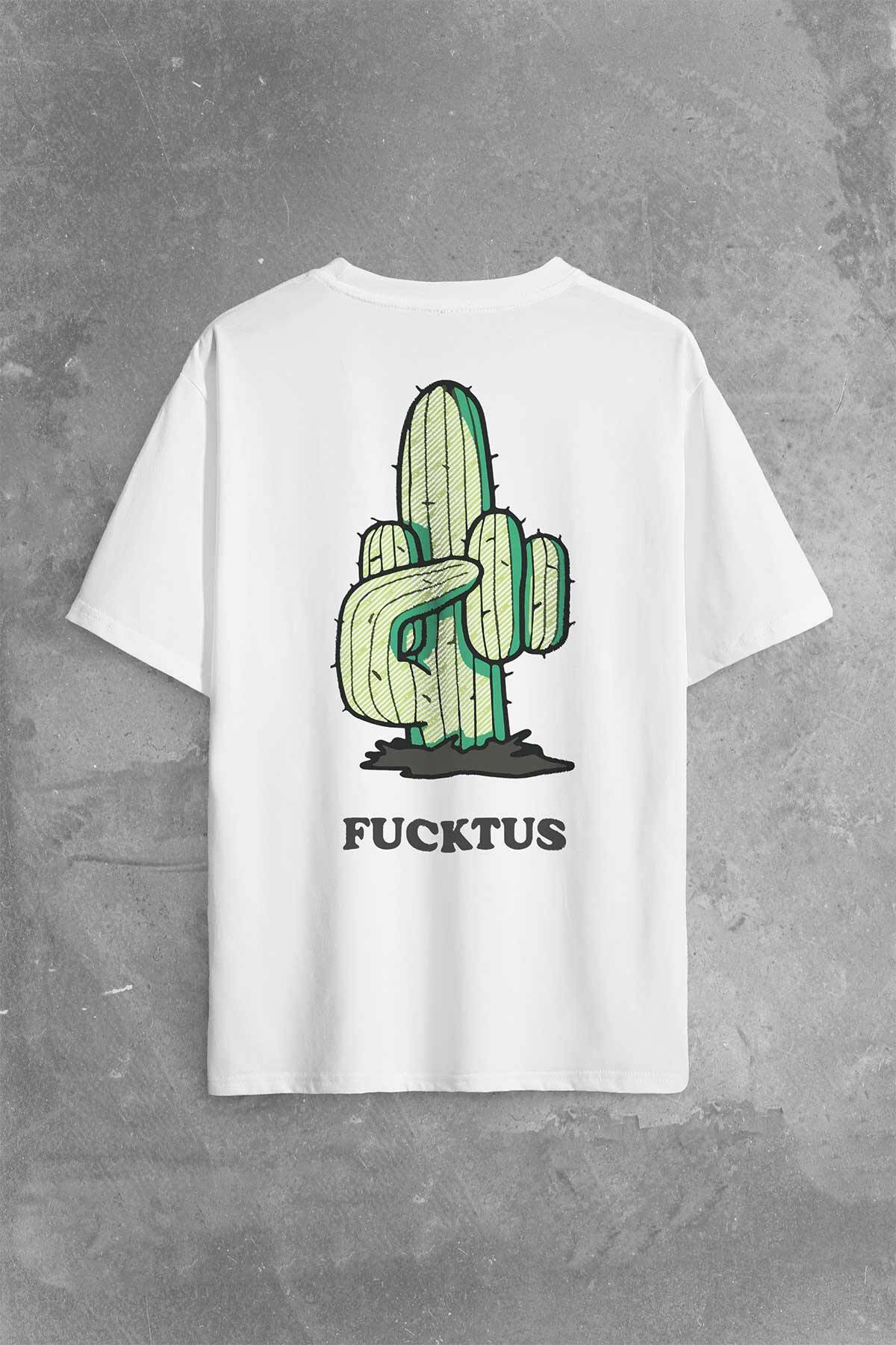 Kaktüs Orta Parmak Fucktus Sırt Ön Baskılı Oversize Tişört Unisex T-Shirt - 1