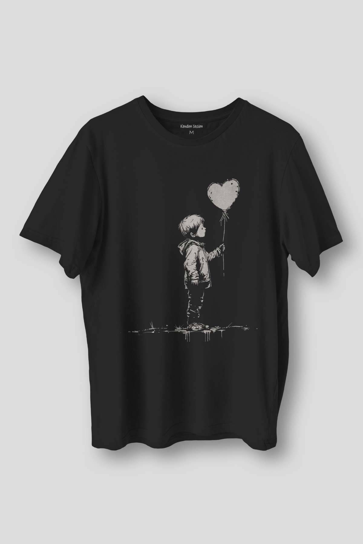 Kalp Balon Tutan Çocuk Grafitti Street Art Siyah Regular Fit Tişört - 1
