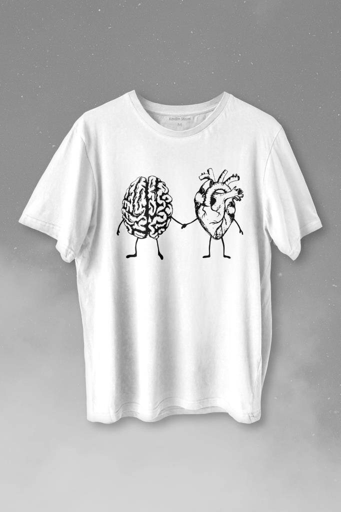 Kalp Ve Beyin Aşk Akıl Mantık El Ele Duygusal Zeka Baskılı Tişört Unisex T-shirt - 1