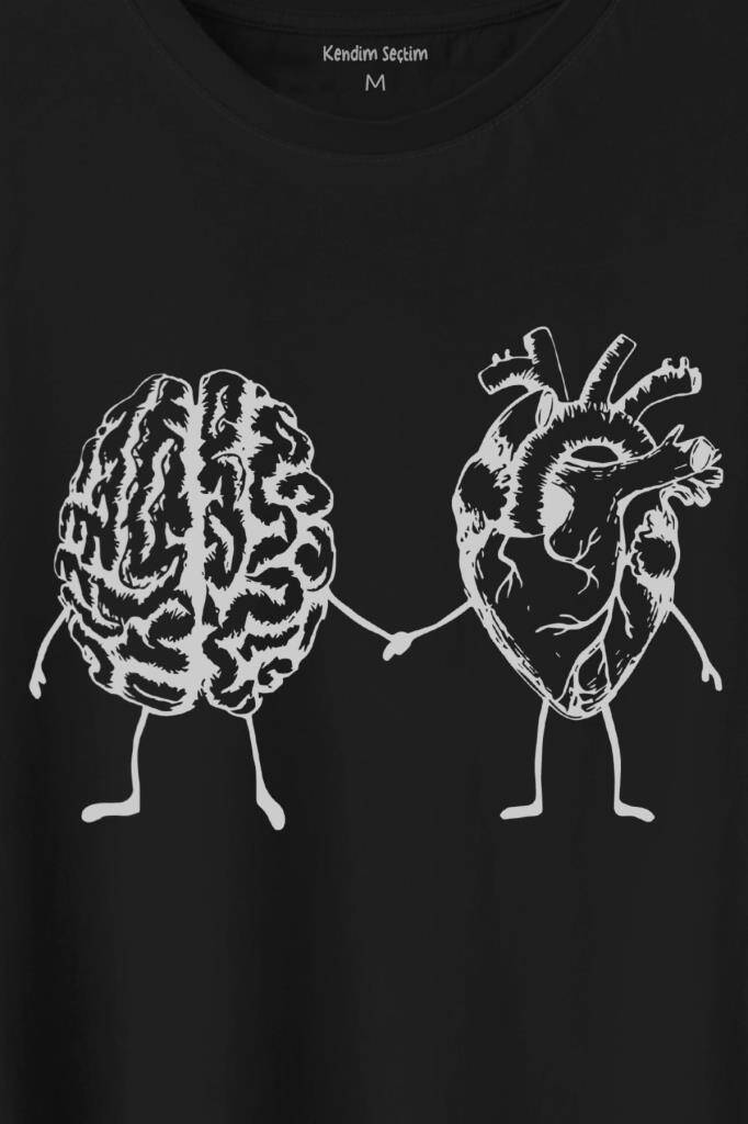 Kalp Ve Beyin Aşk Akıl Mantık El Ele Duygusal Zeka Baskılı Tişört Unisex T-Shirt - 2