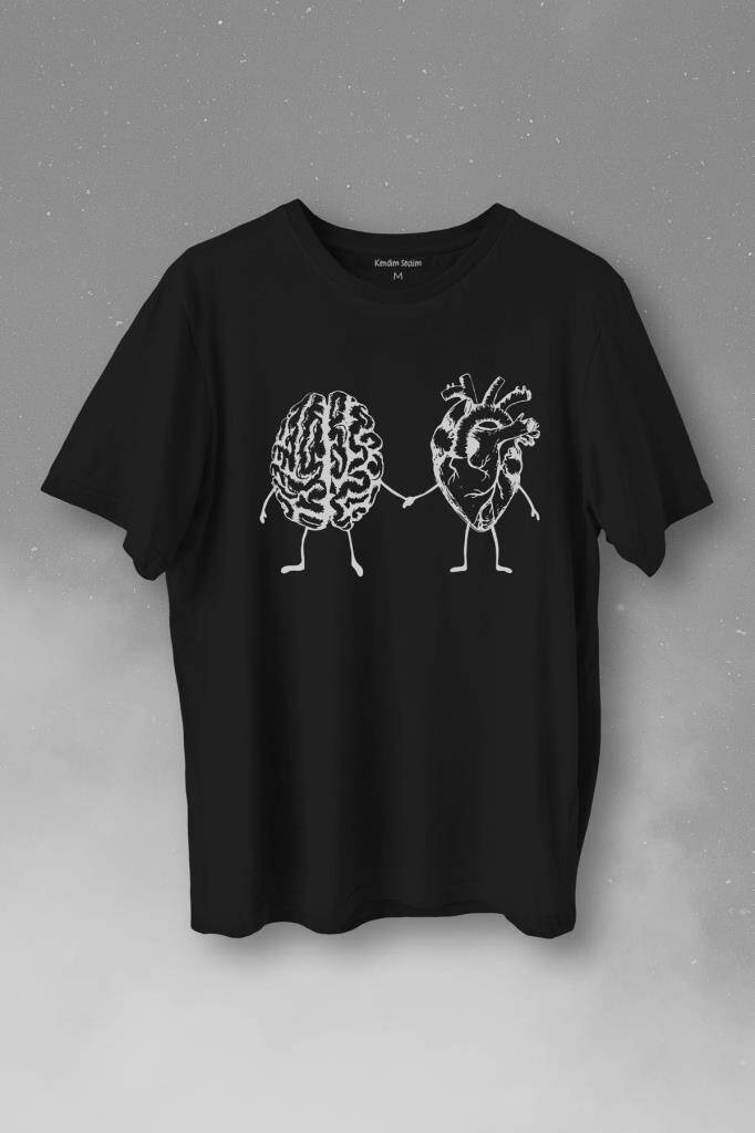 Kalp Ve Beyin Aşk Akıl Mantık El Ele Duygusal Zeka Baskılı Tişört Unisex T-Shirt - 1