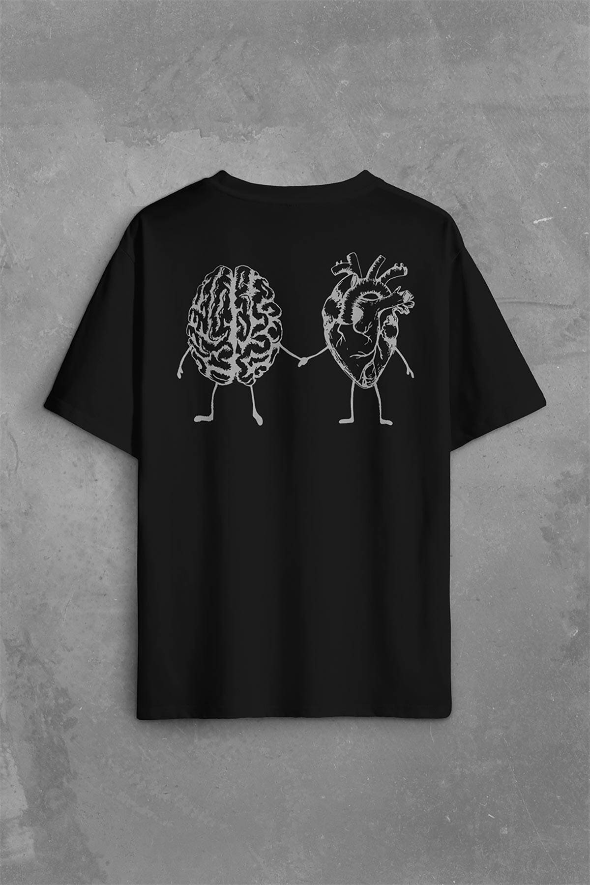 Kalp Ve Beyin Aşk Akıl Mantık El Ele Duygusal Zeka Sırt Ön Baskılı Oversize Tişört Unisex T-Shirt - 1