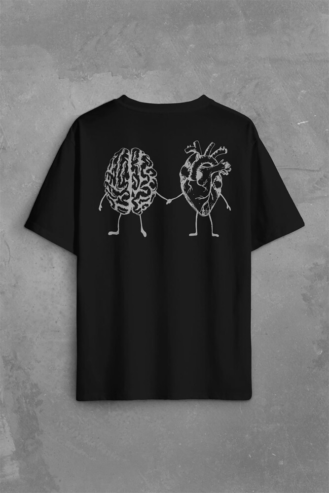 Kalp Ve Beyin Aşk Akıl Mantık El Ele Duygusal Zeka Sırt Ön Baskılı Oversize Tişört Unisex T-Shirt - 1