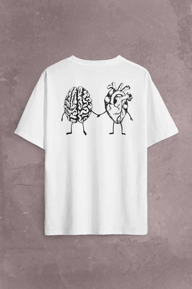 Kalp Ve Beyin Aşk Akıl Mantık El Ele Duygusal Zeka Sırt Ön Baskılı Oversize Tişört Unisex T-Shirt - 1
