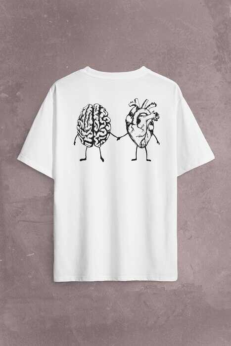 Kalp Ve Beyin Aşk Akıl Mantık El Ele Duygusal Zeka Sırt Ön Baskılı Oversize Tişört Unisex T-Shirt - 1
