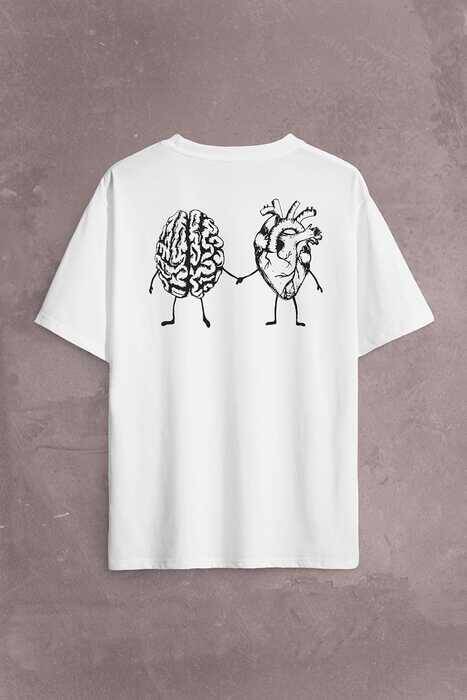 Kalp Ve Beyin Aşk Akıl Mantık El Ele Duygusal Zeka Sırt Ön Baskılı Oversize Tişört Unisex T-Shirt - 1