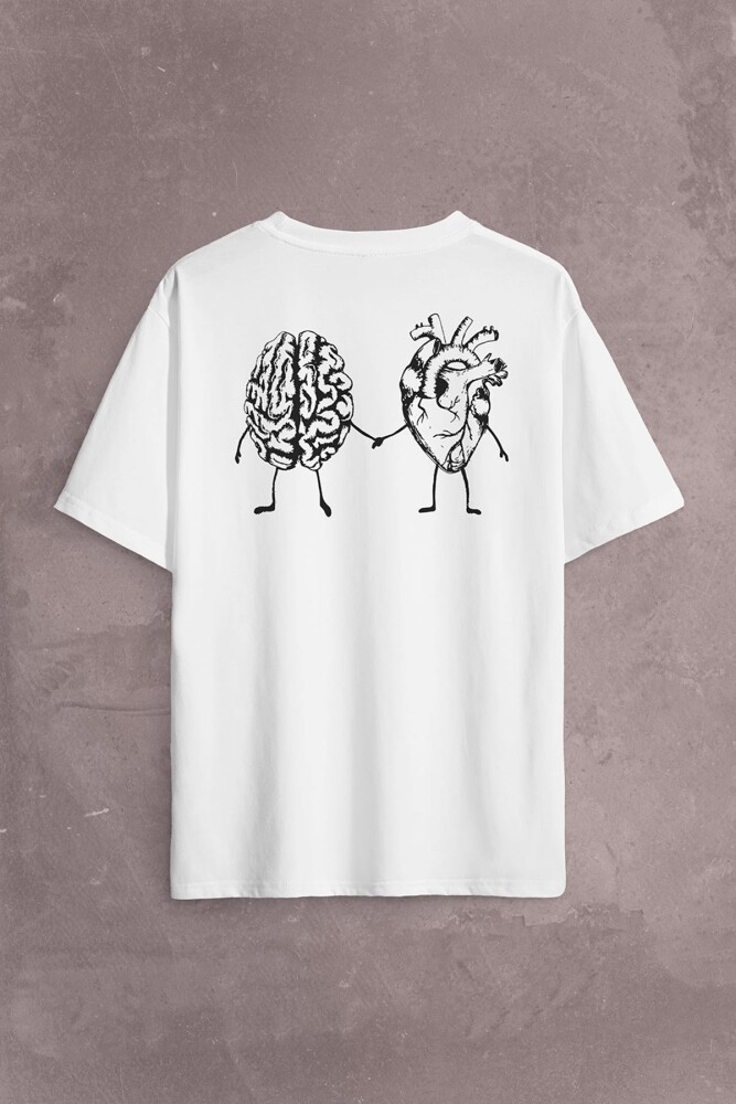 Kalp Ve Beyin Aşk Akıl Mantık El Ele Duygusal Zeka Sırt Ön Baskılı Oversize Tişört Unisex T-Shirt - 1